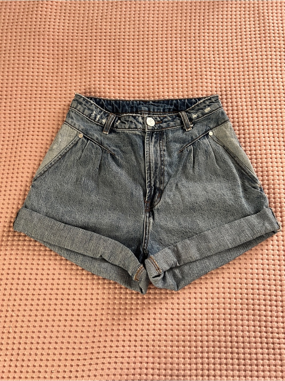 One Teaspoon Washed Blue Denim High-Rise Rolled Shorts